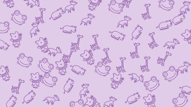 Seamless pattern background with cute hand drawn animal illustrations in pastel purple.