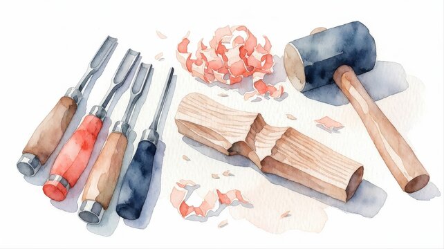 Carving wood with gouges and hammer, wood shavings, woodworking tools, craft project