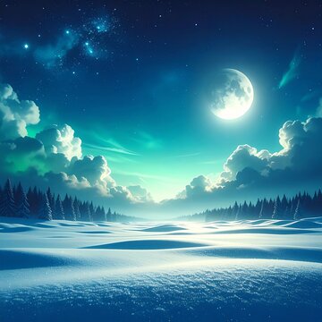 a snowy landscape with a full moon and stars