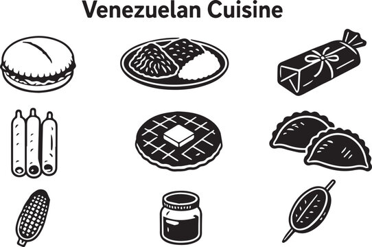 Venezuelan foods featuring arepas pabellon criollo hallacas tequenos cachapas empanadas and traditional dishes vector cuisine restaurants food menus culinary tourism street food culture festivals