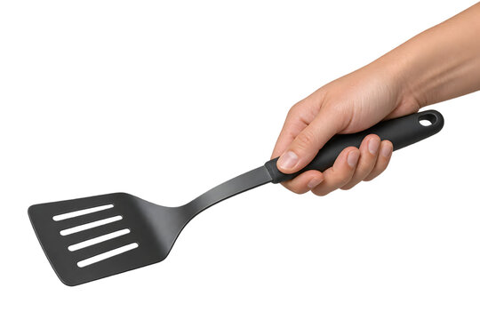 A hand holding a black kitchen spatula png file isolated on transparent background