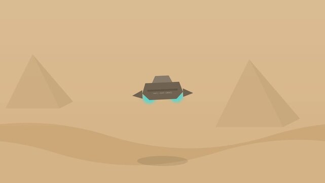 Animated sci-fi hovercraft cruising over a desert landscape