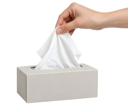 Hand pulling a white paper tissue from a box png file isolated on transparent background