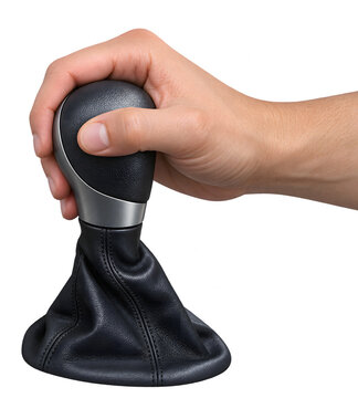 Hand holding a black leather car gear shift knob png file isolated on transparent background