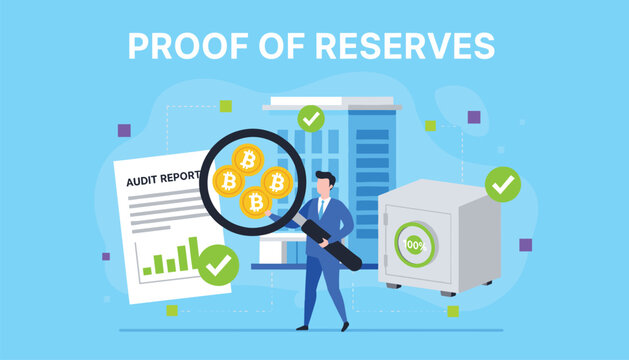 Financial auditor checking proof of reserves in bitcoin with magnifying glass and safe vault box behind.
