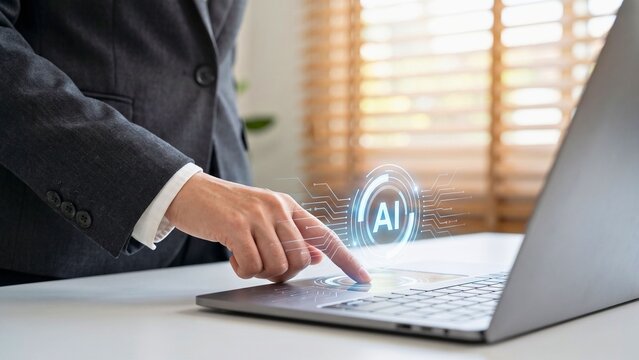 AI circuit tap on laptop trackpad, artificial intelligence interaction technology concept for business