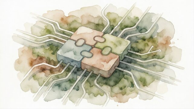 Abstract illustration of interconnected circuit chips with pathways in watercolor style