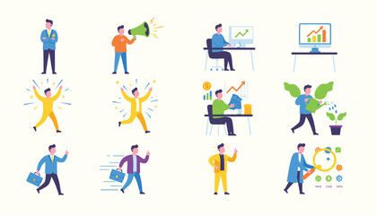 Fototapeta premium Collection of business avatar icons showing a professional man in various career situations, tasks, and emotional states.
