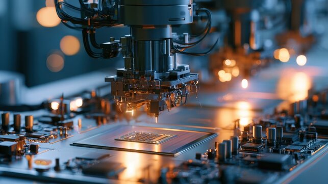 Close-up of industrial robotic arm assembling electronic circuit board with precision and advanced technology in modern manufacturing environment