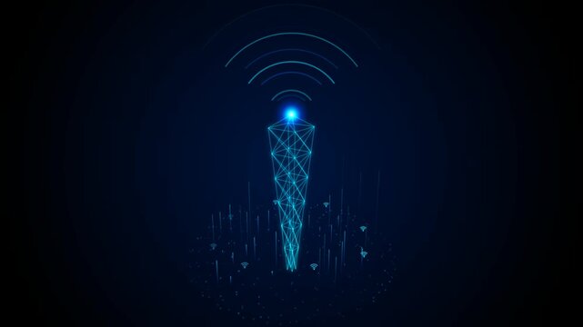 Futuristic blue wireframe communication tower emitting wireless data network signals on dark bg