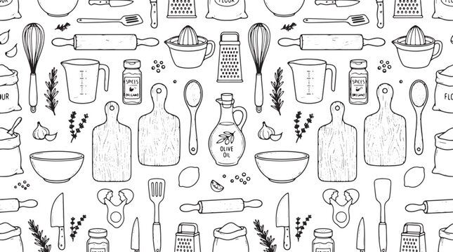 Hand drawn kitchen utensils and cooking tools pattern on white background