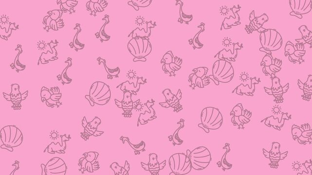 Seamless pattern featuring cute hand drawn animals and seashells on a soft pink background.