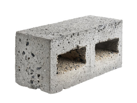 A rough textured concrete block with visible aggregate and two rectangular voids is presented against a clean white backdrop