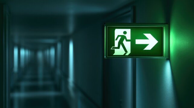 Illuminated green emergency exit sign with running figure and arrow pointing right in dark corridor for safety guidance