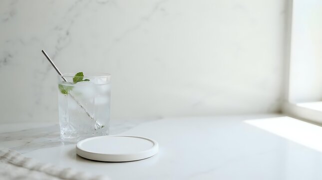 Refreshing glass of ice water with mint leaf and stirrer on white marble surface, minimalist beverage styling