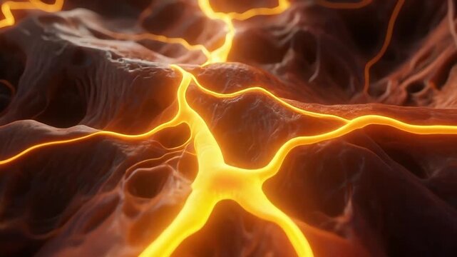 A sweeping 3D macro camera glide through layered human skeletal muscle, exposing motor neurons branching like glowing roots across warm, organic terrain
