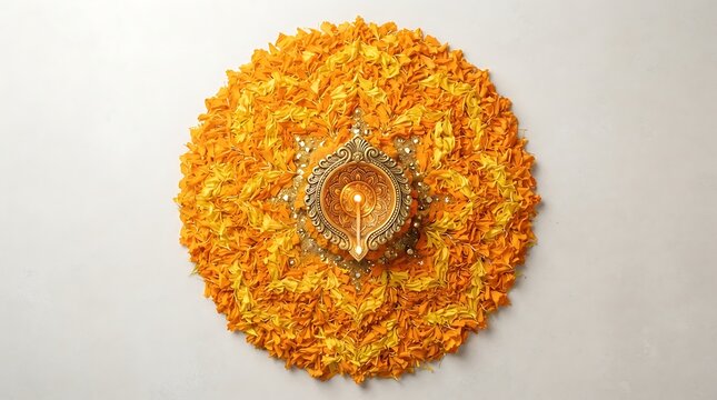 Diwali diya and marigold flower rangoli on white background