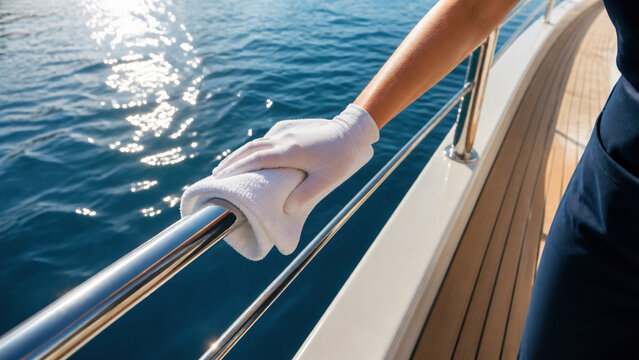 Yacht deck hand on railing by the sea