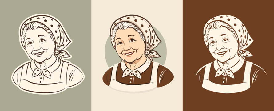 Elderly Woman in Beige Polka Dot Headscarf and Apron, Smiling Grandmother and Babushka, Vintage Housewife Character for Logo and Branding, Full Color, Outline and Reverse Versions, Vector Illustration