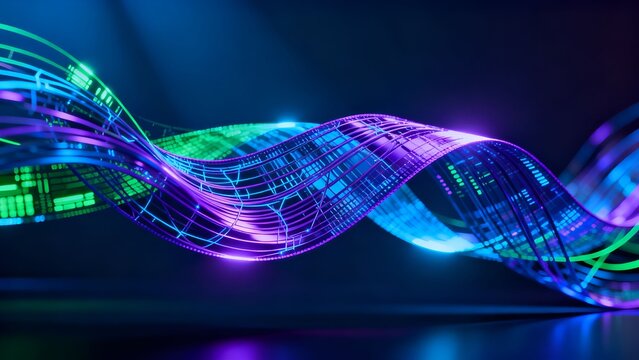Dynamic 3D Cybersecurity Ribbon with Interconnected Strands in Vibrant Blue, Electric Purple and Green, Futuristic Digital Data Flow and Technology Abstract