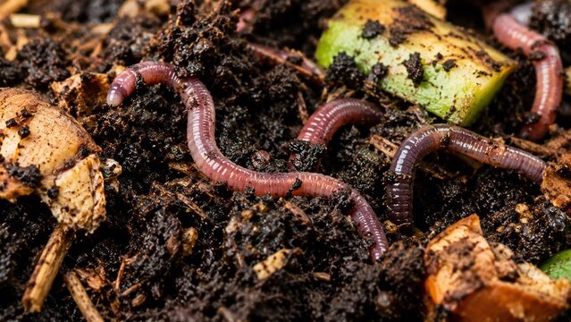 Earthworms Breaking Down Organic Waste in Compost Close-up of earthworms in rich compost with food scraps, illustrating vermicomposting, organic waste recycling, soil health, and sustainable gardening