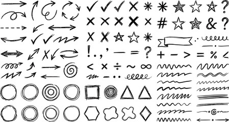 Hand drawn doodle icons and symbols with a clean white background in a sketchy style for graphic design © MMM
