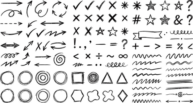 Hand drawn doodle icons and symbols with a clean white background in a sketchy style for graphic design
