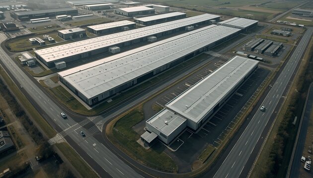Aerial View of Hyperscale Data Center Campus in Did cot, England, with Large Industrial Buildings, Access Roads, Security Fencing and Expansive Green Landscape