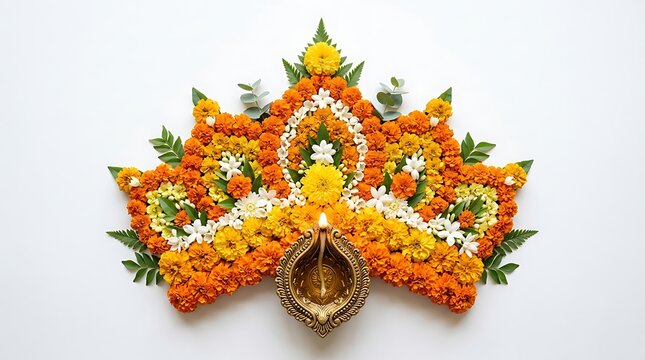 Diwali floral rangoli with diya isolated on white background