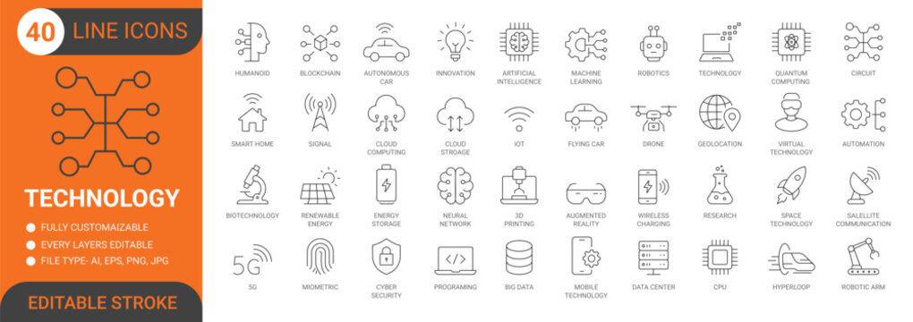Technology line icon set with digital devices, innovation, networking and editable stroke