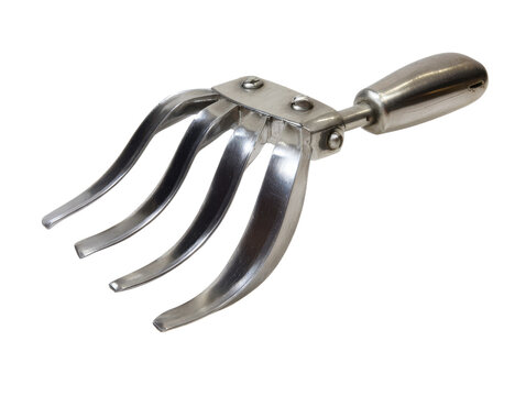 A close-up studio shot of a shiny metal garden cultivator featuring four curved tines and a smooth handle, isolated on a white background