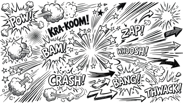 Comic book sound effects explosions and action lines hand drawn in black and white with energetic motion