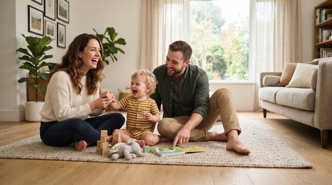 A happy family with a baby playing on the floor in a bright living room