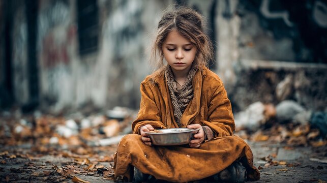 Sad young child holding metal bowl