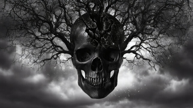 Black Cracked Skull with Twisted Tree Branches and Stormy Sky