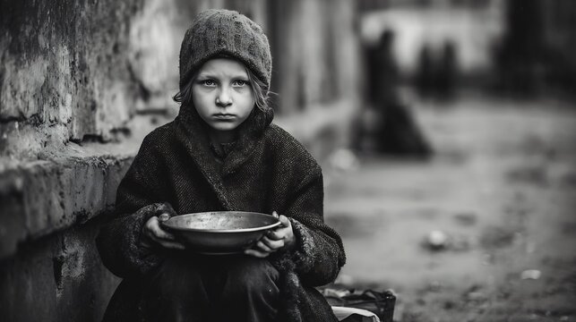 Sad child holding empty metal bowl