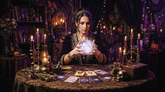 A fortuneteller gazes into a crystal ball, surrounded by candles and tarot cards. Her mystical setting hints at future revelations and hidden truths.