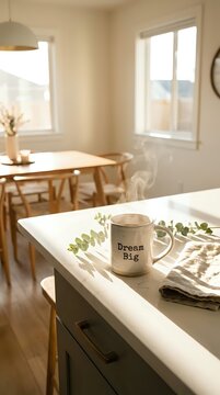 Steaming coffee mug with dream big text on sunlit kitchen counter, cozy home interior
