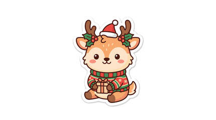 Fototapeta premium Cute cartoon reindeer with gift and Santa hat, festive sweater