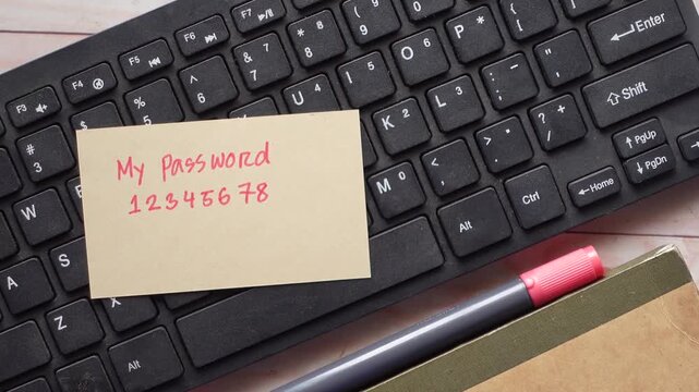 Sticky note with simple password written on computer keyboard in high angle shot