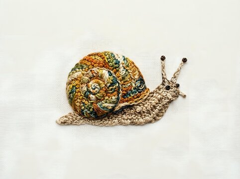 Decorative snail with golden spiral shell and beige body on neutral background