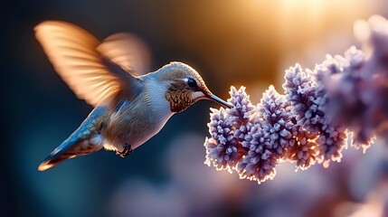 Obraz premium Hummingbird in flight feeding on purple flowers with warm golden sunlight and soft bokeh background, nature wildlife scene