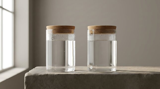 Two glass jars filled equally with water representing eachforequal, balance and equality on a concrete surface