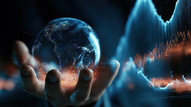 Hand holding glowing transparent earth globe with digital blue and orange futuristic data graph background showing technology and innovation concept