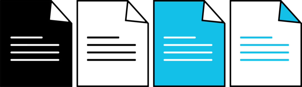 Minimalist document icon set, flat paper file vector graphics, digital text page symbols in blue and black, 4 office assets