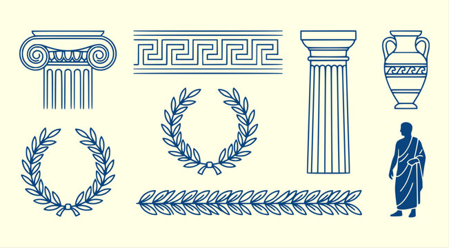 Ancient Greek and Roman Ornament Collection Vol.2 with Ionic Capital Greek Key Frieze Doric Column Amphora Olive Wreath Laurel Border and Toga Figure