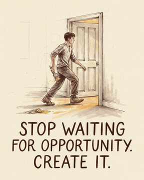 Illustration showing a person walking through a doorway with the encouraging text stop waiting for opportunity create it taking charge personal development strategic planning forward thinking