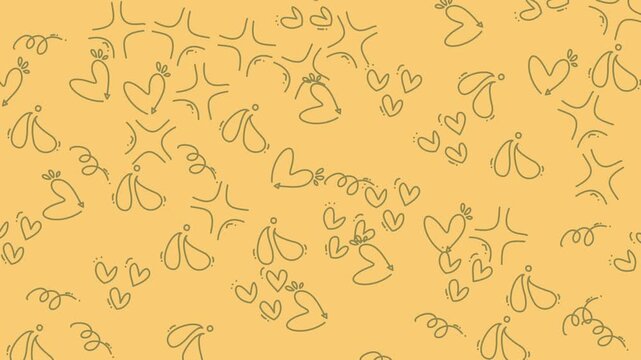 Cute hand drawn doodle pattern with hearts and sparkles on a soft yellow background.