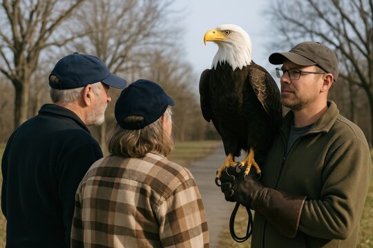 Bald eagle perched handler outdoors.