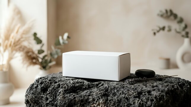 Blank white product box displayed on textured dark stone surface with dried botanical elements and neutral background for cosmetics, skincare, or wellness packaging mockup